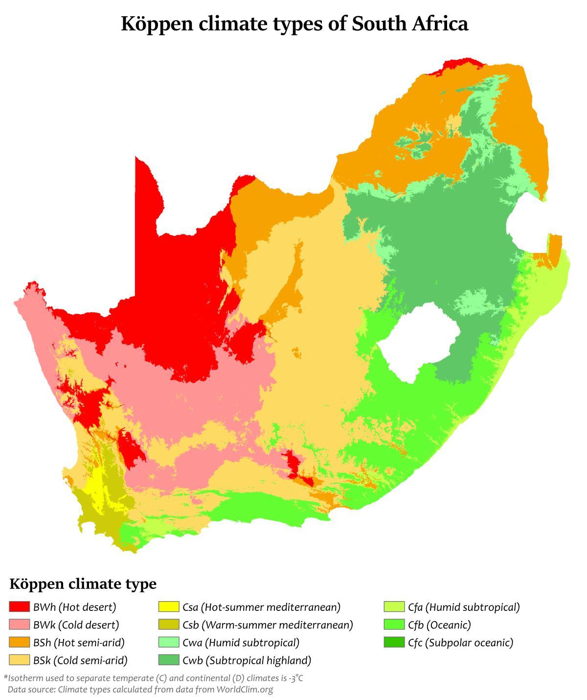 South Africa temperature map